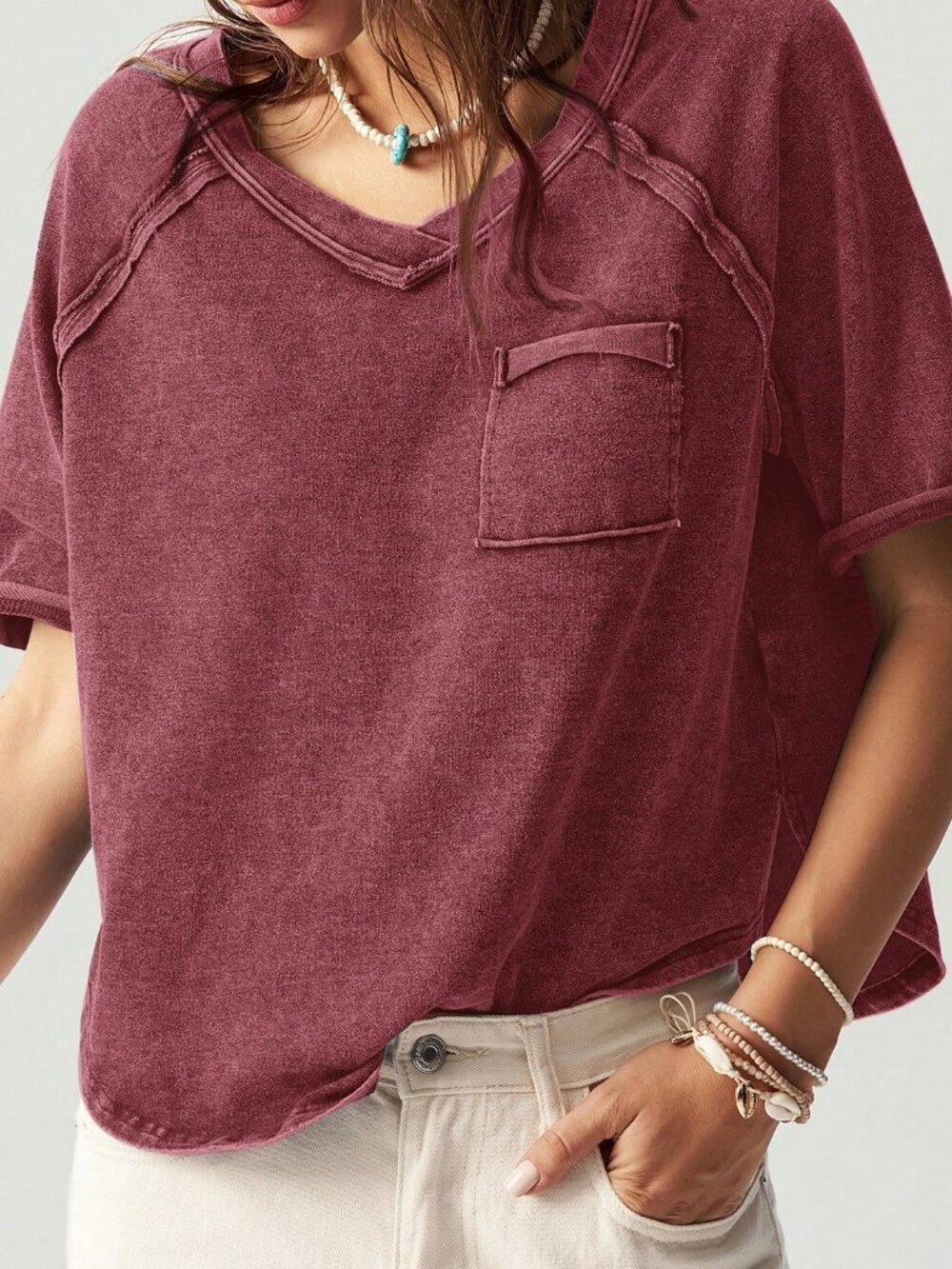 Burgundy Casual Boho Women's Knitted Crew Neck Raglan Short Sleeve Loose T-Shirt - Picture 7 of 8
